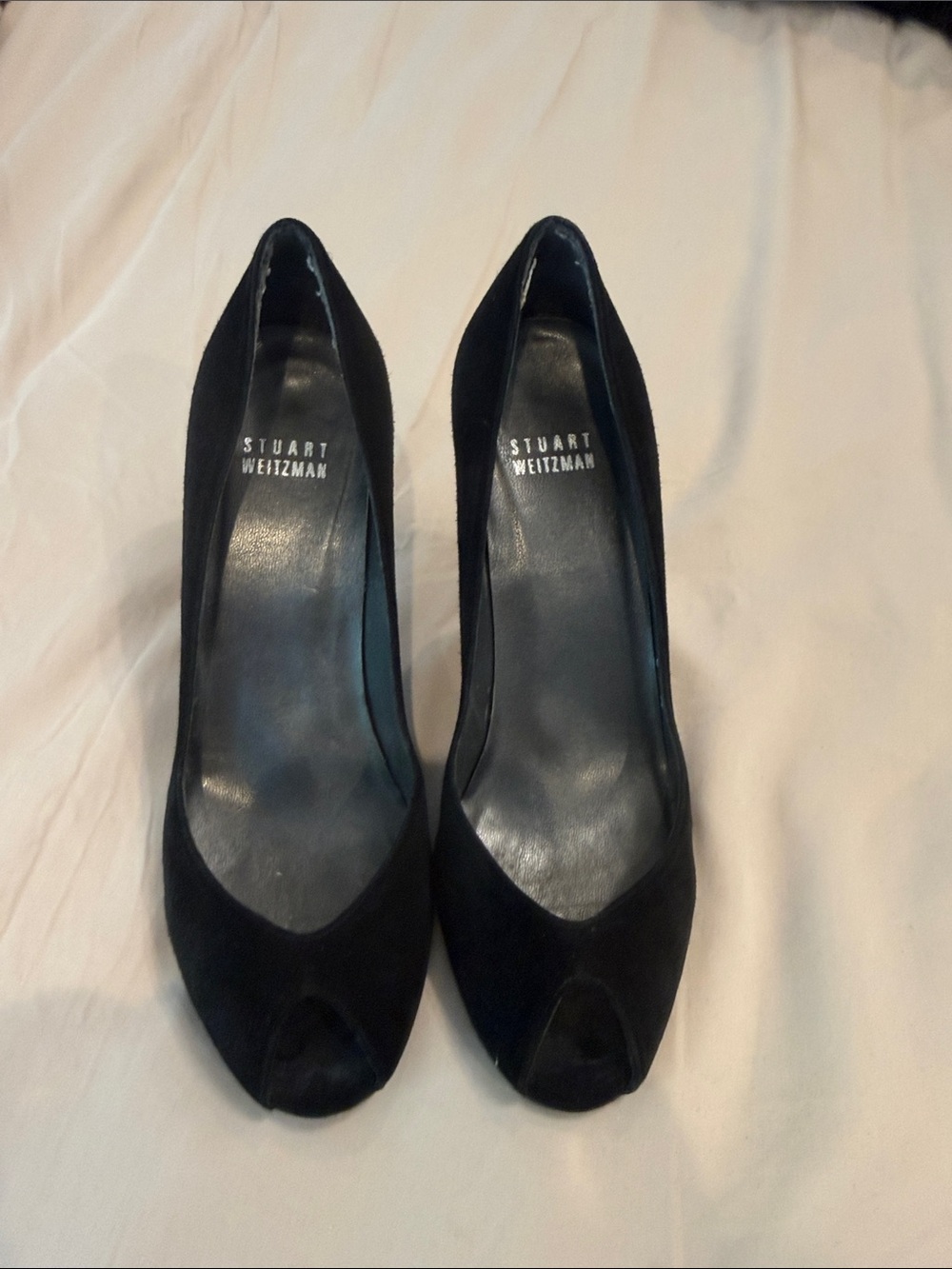 Stuart Weitzman Black Suede Peep-Toe Pumps - Classic Heel